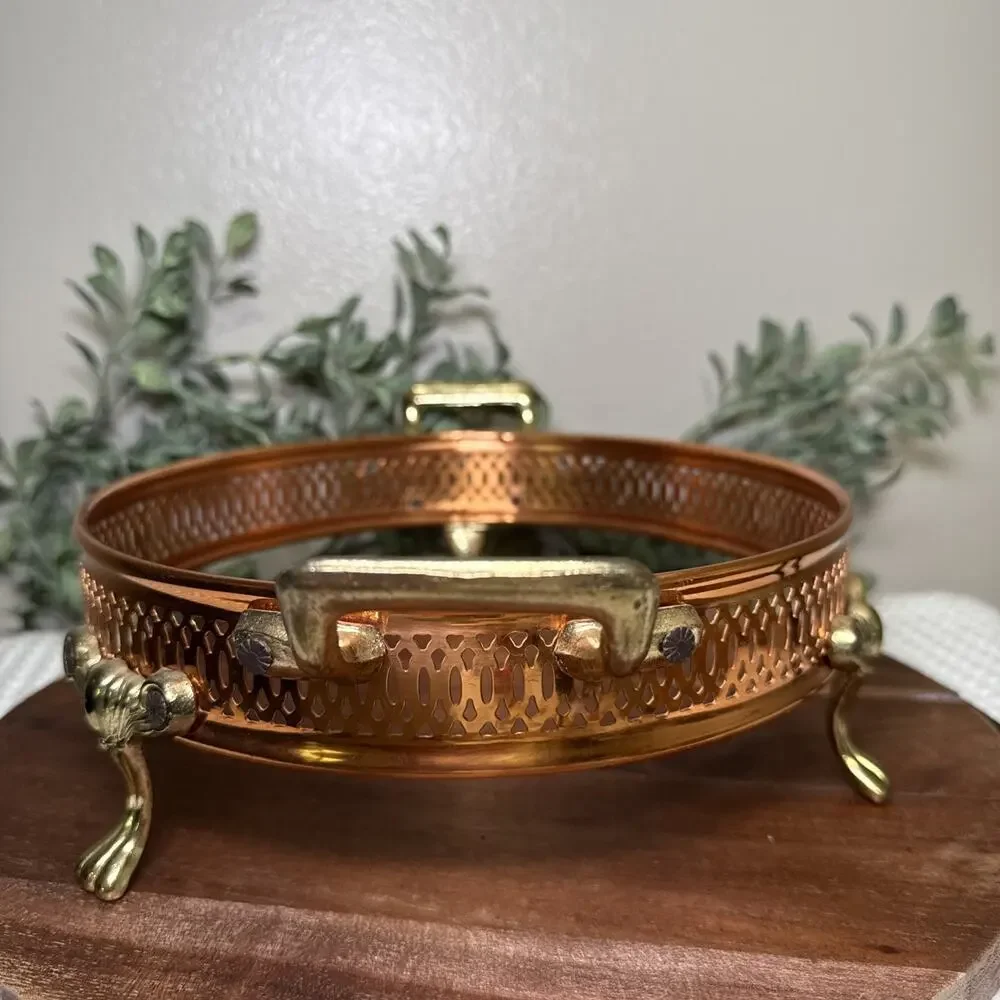 Copper Brass Gallery Bowl Holder Casserole Stand Footed Hollywood Regency Vtg